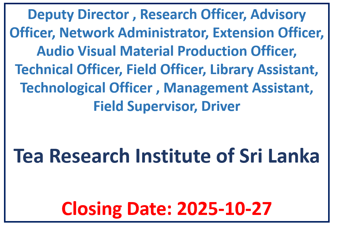 Deputy Director , Research Officer, Advisory Officer, Network Administrator, Extension Officer, Audio Visual Material Production Officer, Technical Officer, Field Officer, Library Assistant, Technological Officer , Management Assistant, Field Supervisor, Driver – TEA RESEARCH INSTITUTE OF SRI LANKA